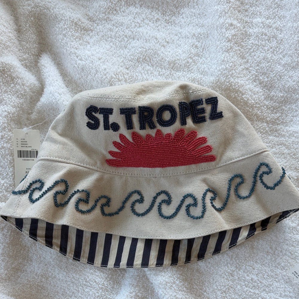 Anthropologie St. Tropez Embroidered Bucket Hat - Cream and Blue